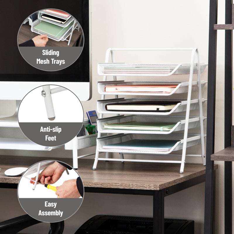 Mind Reader 5-Tier Paper Tray Organizer, Vertical Desktop File Storage Rack, Office, Metal Mesh, White - Image 4